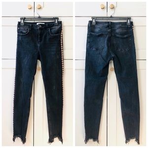 ZARA Black High Waist Distressed Denim Jeans, Pink Piping & Chewed Hem, sz. 4